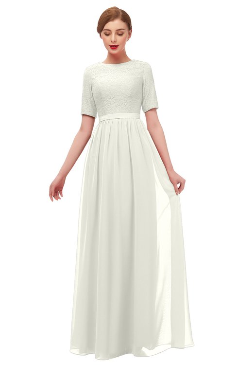 ColsBM Ansley Cream Bridesmaid Dresses Modest Lace Jewel A-line Elbow Length Sleeve Zip up