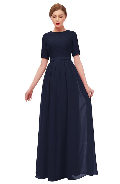 ColsBM Ansley Dark Sapphire Bridesmaid Dresses Modest Lace Jewel A-line Elbow Length Sleeve Zip up