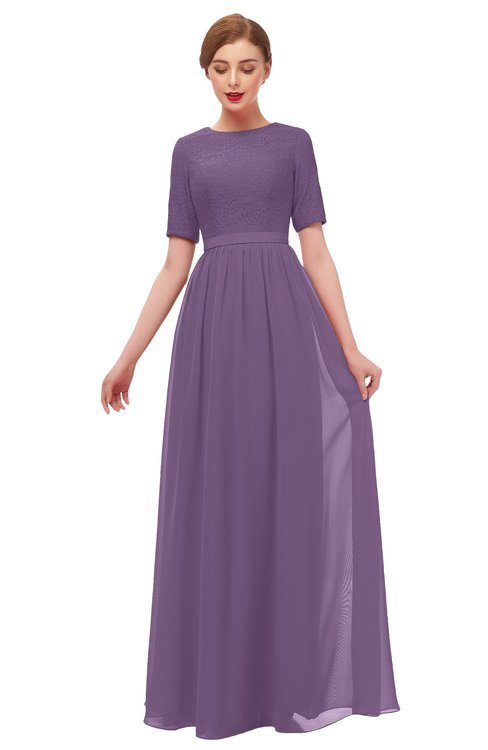 ColsBM Ansley Eggplant Bridesmaid Dresses Modest Lace Jewel A-line Elbow Length Sleeve Zip up