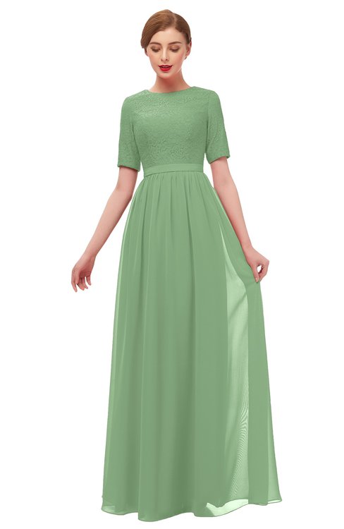 ColsBM Ansley Fair Green Bridesmaid Dresses Modest Lace Jewel A-line Elbow Length Sleeve Zip up