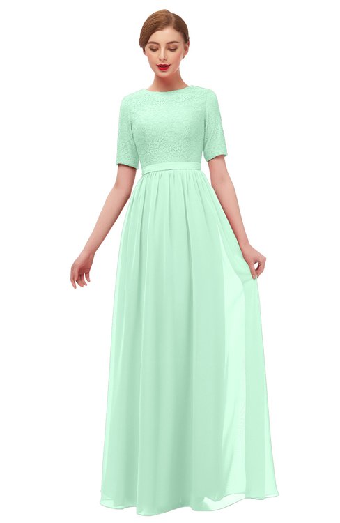ColsBM Ansley Honeydew Bridesmaid Dresses Modest Lace Jewel A-line Elbow Length Sleeve Zip up