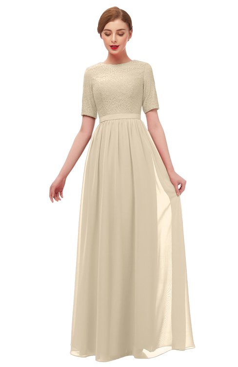 ColsBM Ansley Novelle Peach Bridesmaid Dresses Modest Lace Jewel A-line Elbow Length Sleeve Zip up