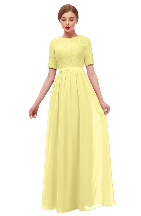 ColsBM Ansley Pastel Yellow Bridesmaid Dresses Modest Lace Jewel A-line Elbow Length Sleeve Zip up