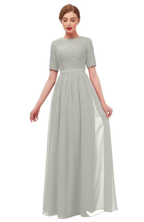 ColsBM Ansley Platinum Bridesmaid Dresses Modest Lace Jewel A-line Elbow Length Sleeve Zip up
