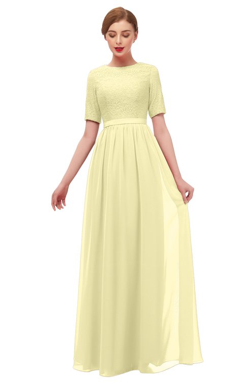 ColsBM Ansley Soft Yellow Bridesmaid Dresses Modest Lace Jewel A-line Elbow Length Sleeve Zip up
