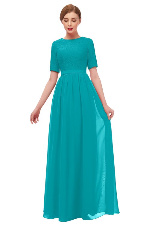 ColsBM Ansley Teal Bridesmaid Dresses Modest Lace Jewel A-line Elbow Length Sleeve Zip up