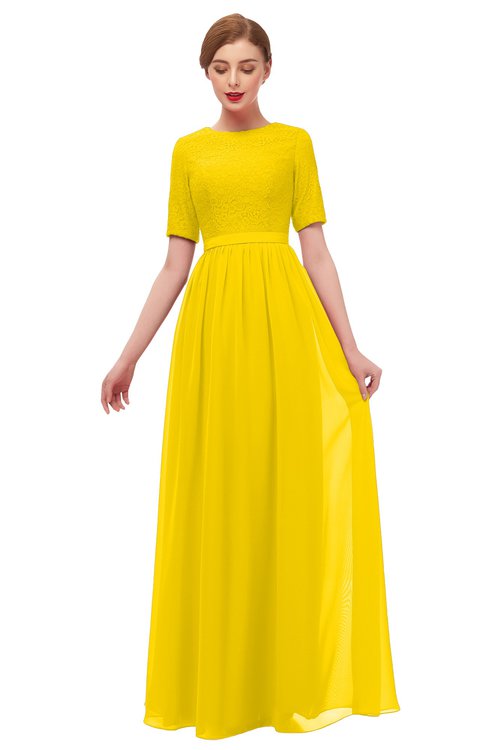 ColsBM Ansley Yellow Bridesmaid Dresses Modest Lace Jewel A-line Elbow Length Sleeve Zip up