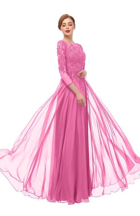ColsBM Dixie Carnation Pink Bridesmaid Dresses Lace Zip up Mature Floor Length Bateau Three-fourths Length Sleeve