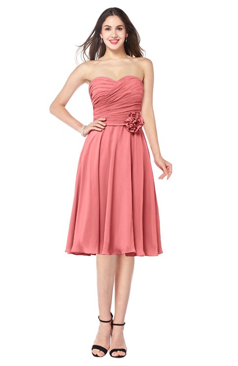ColsBM Whitney Coral Classic A-line Sweetheart Sleeveless Tea Length Pleated Plus Size Bridesmaid Dresses