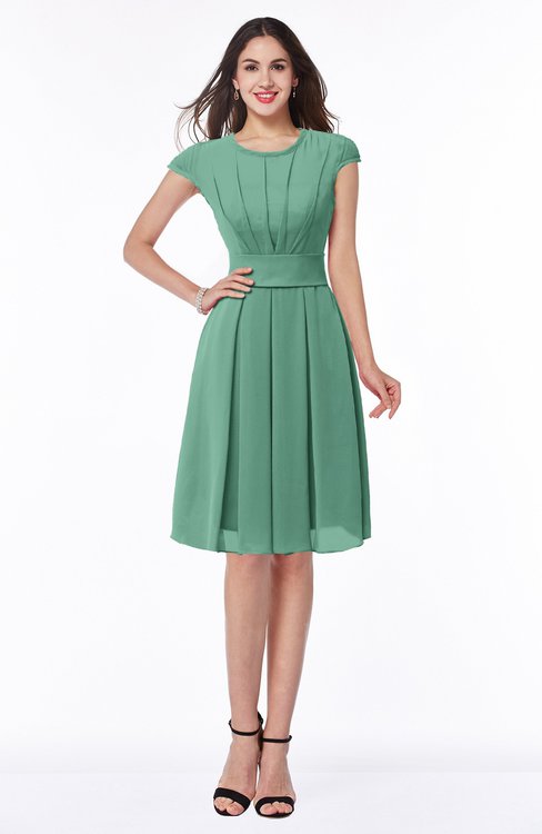 ColsBM Maya Beryl Green Modest A-line Short Sleeve Chiffon Knee Length Sash Plus Size Bridesmaid Dresses