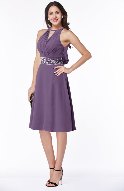 ColsBM Angelica Chinese Violet Classic Lace up Chiffon Knee Length Beaded Plus Size Bridesmaid Dresses