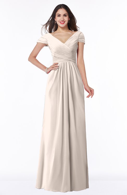 ColsBM Evie Cream Pink Glamorous A-line Short Sleeve Floor Length Ruching Plus Size Bridesmaid Dresses