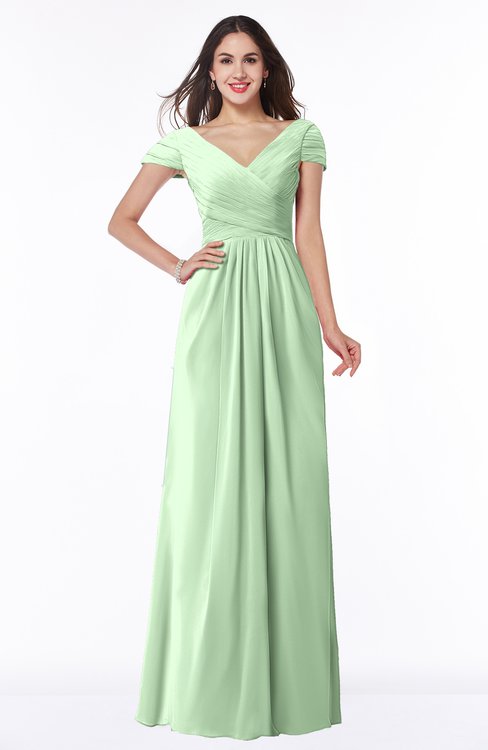 ColsBM Evie Light Green Glamorous A-line Short Sleeve Floor Length Ruching Plus Size Bridesmaid Dresses