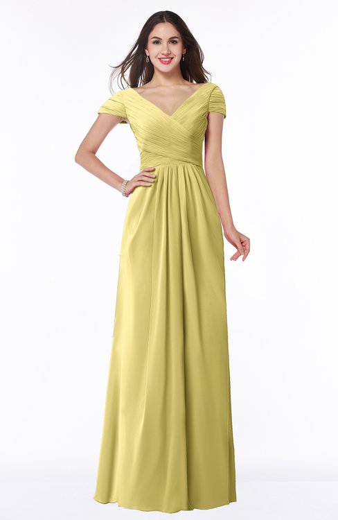 ColsBM Evie Misted Yellow Glamorous A-line Short Sleeve Floor Length Ruching Plus Size Bridesmaid Dresses