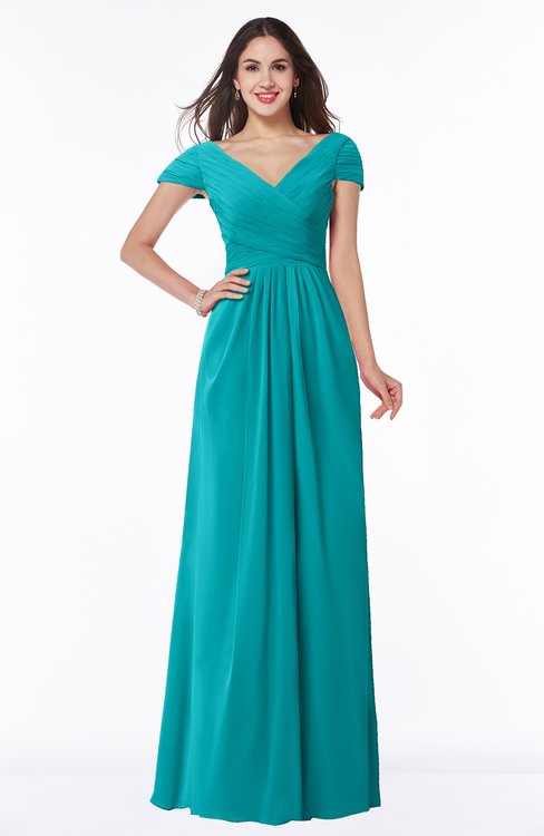 ColsBM Evie Peacock Blue Glamorous A-line Short Sleeve Floor Length Ruching Plus Size Bridesmaid Dresses