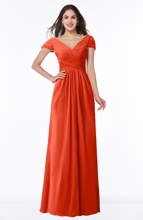 ColsBM Evie Tangerine Tango Glamorous A-line Short Sleeve Floor Length Ruching Plus Size Bridesmaid Dresses