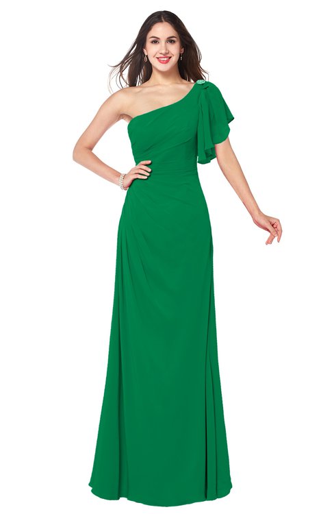 ColsBM Camryn Green Modern A-line Short Sleeve Half Backless Floor Length Ruching Plus Size Bridesmaid Dresses