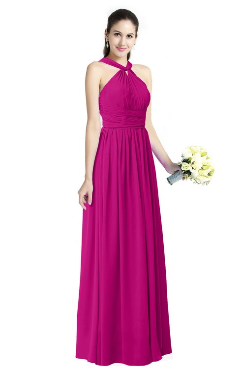 ColsBM Willa Hot Pink Simple Halter Criss-cross Straps Chiffon Floor Length Plus Size Bridesmaid Dresses