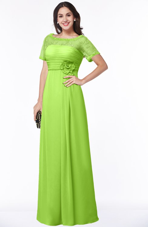 ColsBM Amanda Bright Green Traditional Short Sleeve Zip up Chiffon Floor Length Flower Bridesmaid Dresses