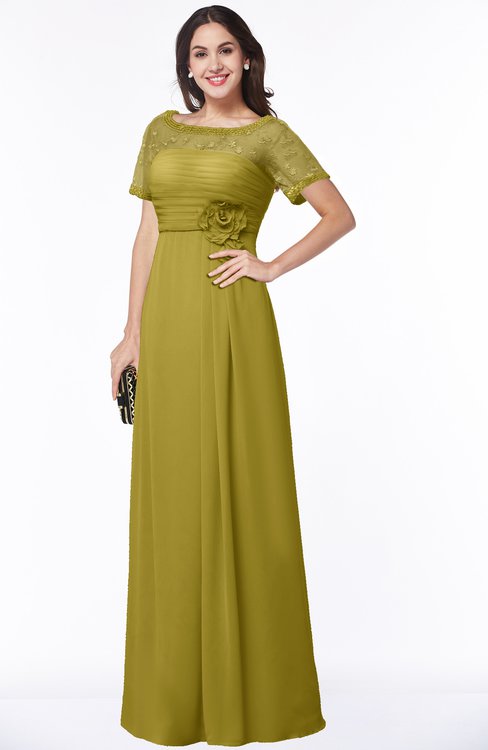ColsBM Amanda Golden Olive Traditional Short Sleeve Zip up Chiffon Floor Length Flower Bridesmaid Dresses