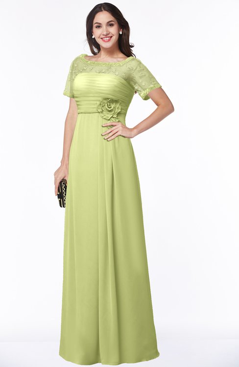 ColsBM Amanda Lime Green Traditional Short Sleeve Zip up Chiffon Floor Length Flower Bridesmaid Dresses