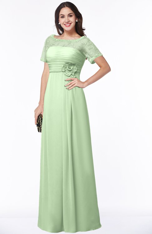 ColsBM Amanda Pale Green Traditional Short Sleeve Zip up Chiffon Floor Length Flower Bridesmaid Dresses