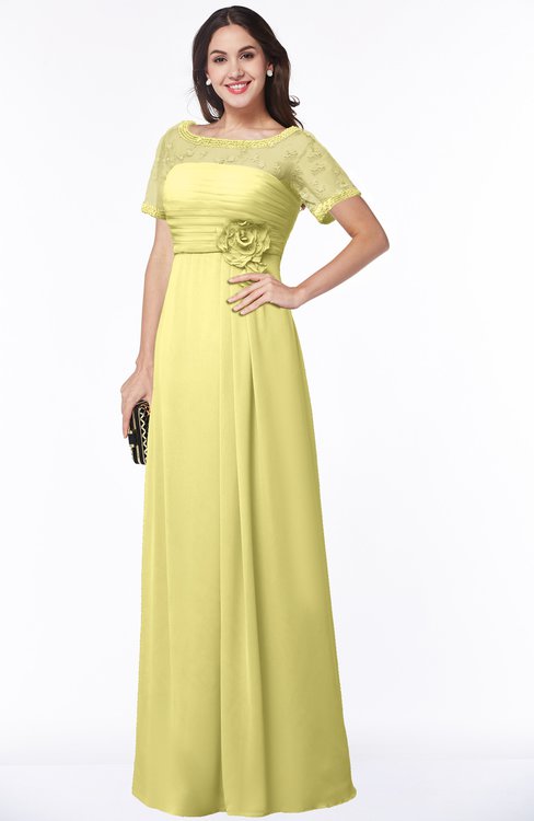 ColsBM Amanda Pastel Yellow Traditional Short Sleeve Zip up Chiffon Floor Length Flower Bridesmaid Dresses