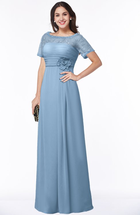 ColsBM Amanda Sky Blue Traditional Short Sleeve Zip up Chiffon Floor Length Flower Bridesmaid Dresses