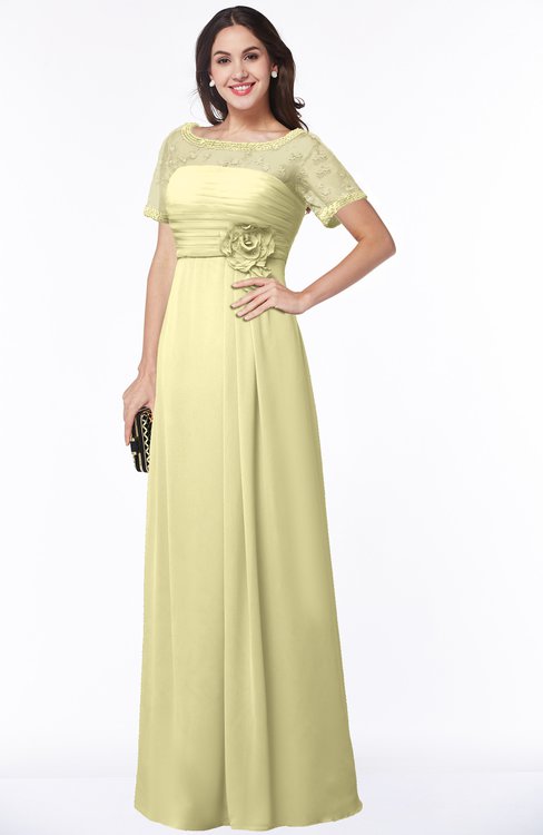 ColsBM Amanda Soft Yellow Traditional Short Sleeve Zip up Chiffon Floor Length Flower Bridesmaid Dresses