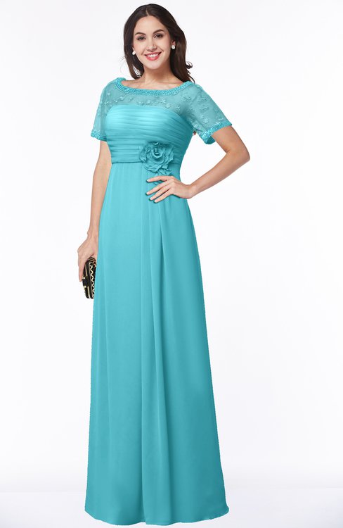 ColsBM Amanda Turquoise Traditional Short Sleeve Zip up Chiffon Floor Length Flower Bridesmaid Dresses