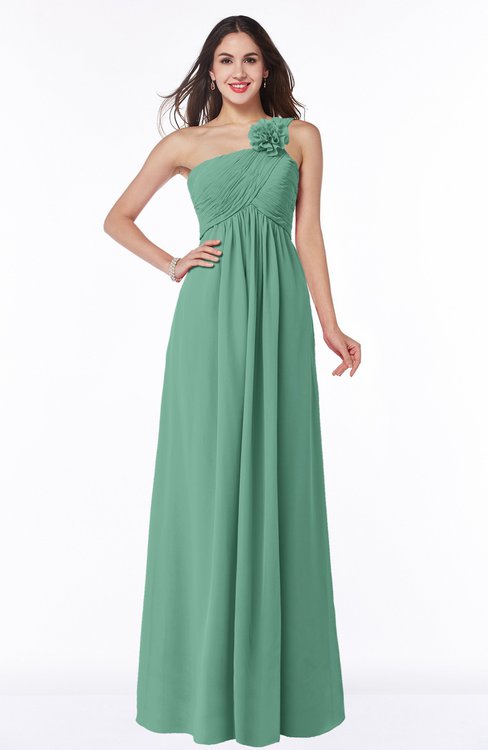 ColsBM Jennifer Beryl Green Antique One Shoulder Sleeveless Chiffon Floor Length Ruching Plus Size Bridesmaid Dresses