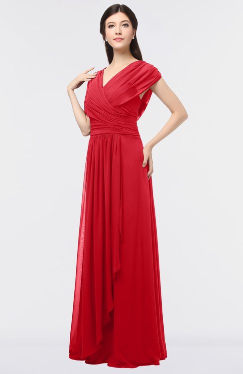 ColsBM Cecilia Red Modern A-line Short Sleeve Zip up Floor Length Ruching Bridesmaid Dresses