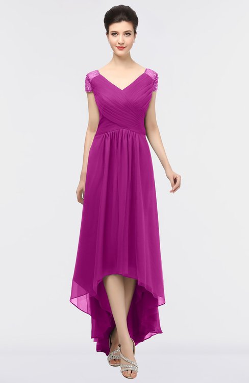 ColsBM Juliana Raspberry Elegant V-neck Short Sleeve Zip up Appliques Bridesmaid Dresses