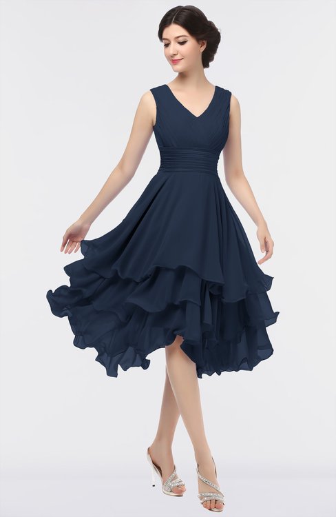 ColsBM Grace Navy Blue Elegant V-neck Sleeveless Zip up Ruching Bridesmaid Dresses