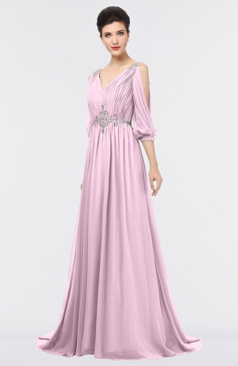 ColsBM Joyce Baby Pink Mature A-line V-neck Zip up Sweep Train Beaded Bridesmaid Dresses