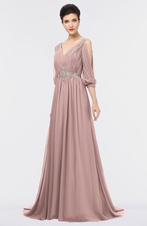 ColsBM Joyce Nectar Pink Mature A-line V-neck Zip up Sweep Train Beaded Bridesmaid Dresses