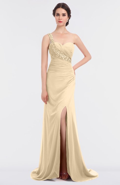ColsBM Selah Apricot Gelato Sexy Sheath Asymmetric Neckline Sleeveless Sweep Train Beaded Bridesmaid Dresses