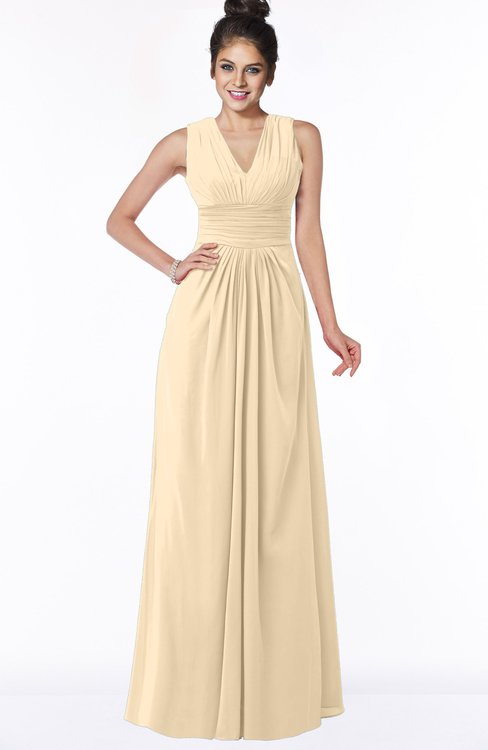 ColsBM Isla Apricot Gelato Elegant V-neck Sleeveless Chiffon Floor Length Ruching Bridesmaid Dresses