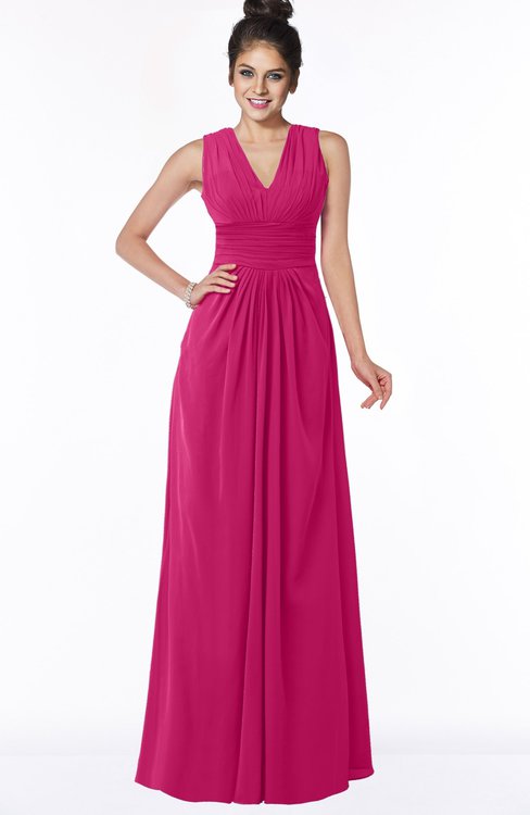 ColsBM Isla Beetroot Purple Elegant V-neck Sleeveless Chiffon Floor Length Ruching Bridesmaid Dresses