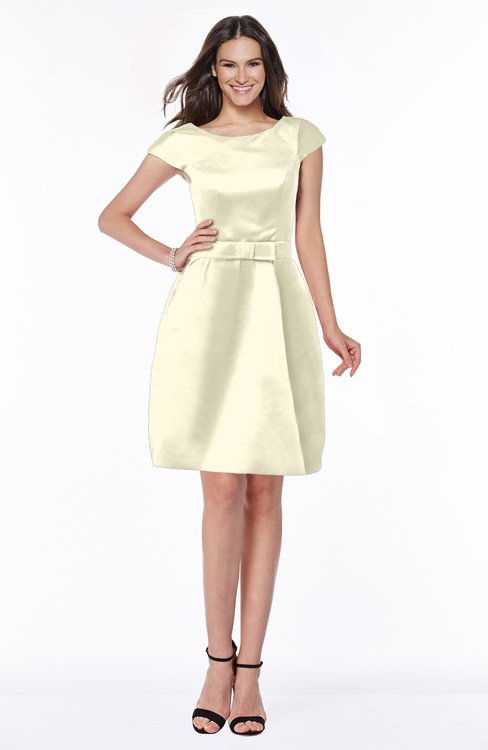 ColsBM Noor Bleached Sand Modest Scoop Short Sleeve Zip up Satin Plainness Bridesmaid Dresses
