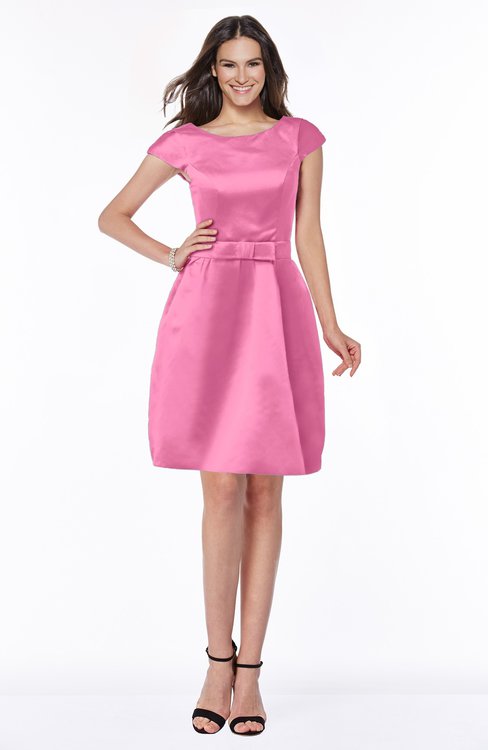 ColsBM Noor Carnation Pink Modest Scoop Short Sleeve Zip up Satin Plainness Bridesmaid Dresses