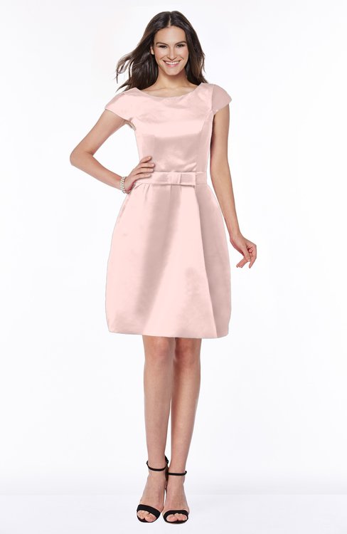 ColsBM Noor Pastel Pink Modest Scoop Short Sleeve Zip up Satin Plainness Bridesmaid Dresses