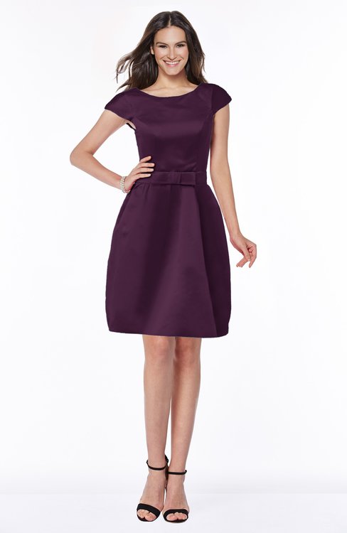 ColsBM Noor Plum Modest Scoop Short Sleeve Zip up Satin Plainness Bridesmaid Dresses