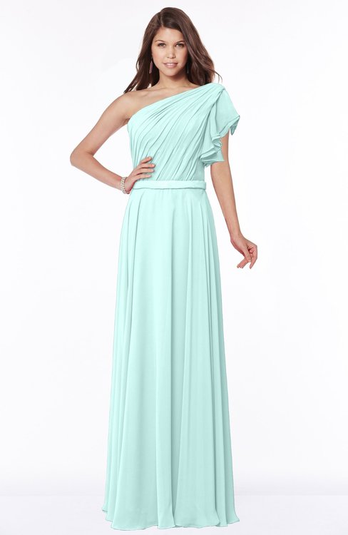 ColsBM Alexia Blue Glass Modest A-line Zip up Chiffon Floor Length Ruching Bridesmaid Dresses