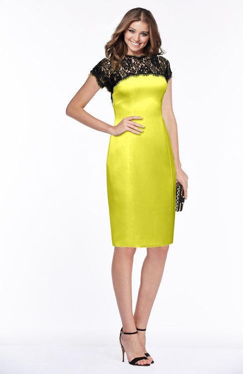 ColsBM Greta Pale Yellow Elegant Sheath Short Sleeve Zip up Satin Lace Bridesmaid Dresses