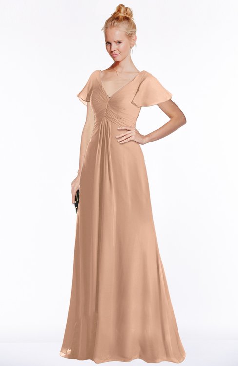 ColsBM Ellen Almost Apricot Modern A-line V-neck Short Sleeve Zip up Floor Length Bridesmaid Dresses