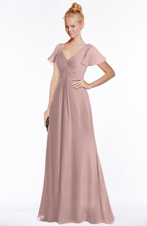 ColsBM Ellen Blush Pink Modern A-line V-neck Short Sleeve Zip up Floor Length Bridesmaid Dresses