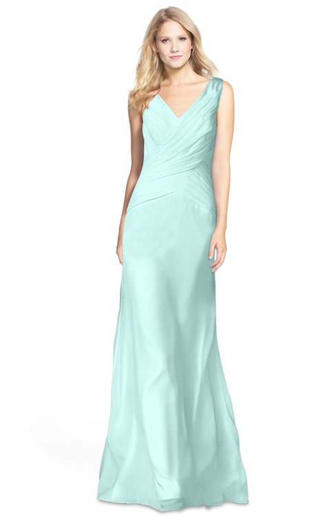 ColsBM Amina Blue Glass Gorgeous Fit-n-Flare V-neck Sleeveless Chiffon Ruching Bridesmaid Dresses