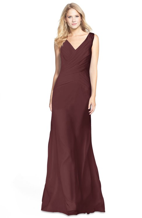 ColsBM Amina Burgundy Gorgeous Fit-n-Flare V-neck Sleeveless Chiffon Ruching Bridesmaid Dresses
