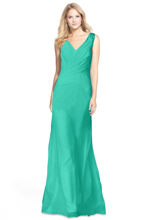 ColsBM Amina Viridian Green Gorgeous Fit-n-Flare V-neck Sleeveless Chiffon Ruching Bridesmaid Dresses